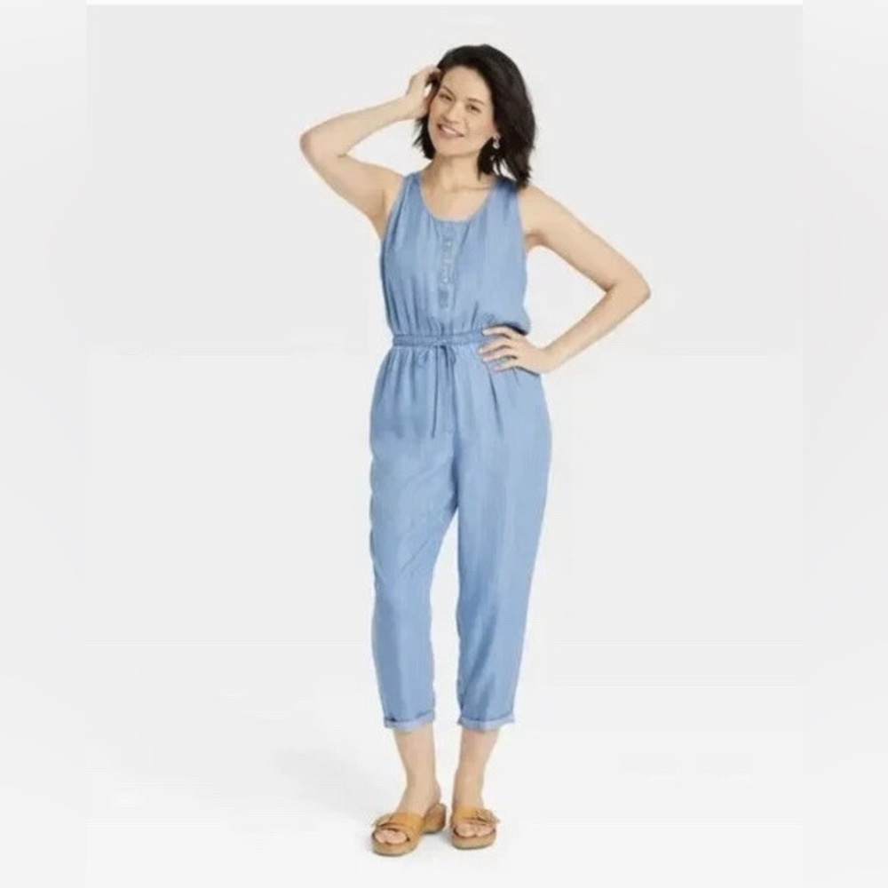 GB blue faux denim tank top jumpsuit